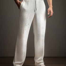 Resim Dayanıklı Kumaş] Erkekler için Lacivert Rahat Pantolon - Dokulu Polyester, Düz Kesim, İpli Bel ve Cepli, Makinede Yıkanabilir - Her Mevsim için Şık Sokak Giyimi 