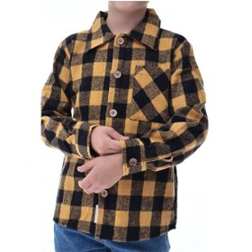 Resim Sarı Siyah Ekose Erkek Çocuk Oduncu Gömlek Kalın Kumaş Düğmeli Çok Renkli 