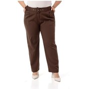 Resim Büyük Beden Önü Pileli Cepli Kemerli Kahverengi Pantolon Kahverengi 