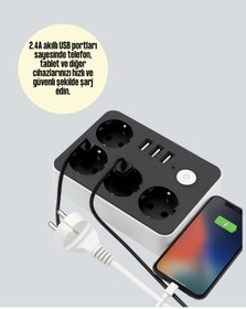 Resim Lisinya 3 USB Çıkışlı 4 lü Akıllı Priz 2500W 2 Metre Kablo - 