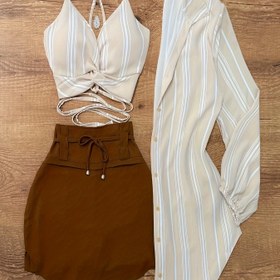 Resim Çizgili Bralet + İpli Etek + Çizgili Gömlek Üç Parça Takım 