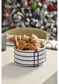 Resim Mat Siyah Yuvarlak Ekmek Sepeti Şık,ekmeklik Beyaz Hasır Örmeli Makrome-çok Amaçlı Metal Paslanmaz Siyah - Beyaz 