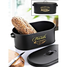 Resim Bayev Siyah Metal Ekmeklik Dekoratif Büyük Boy Kapaklı Desenli Ekmek Saklama Kutusu 