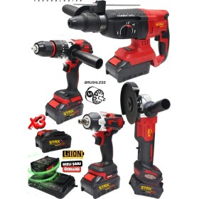 Resim Süperred Seri 4'lü Profesyonel X3 Akülü Hızlı Şarjlı Kırıcı Delici Taşlama Vidalama Somun Sökme Seti 
