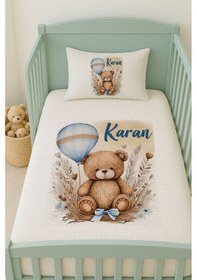 Resim %100 Pamuk İsme Özel İsimli 100x150 Cm Pike Seti Mavi Balonlu Ayıcık 