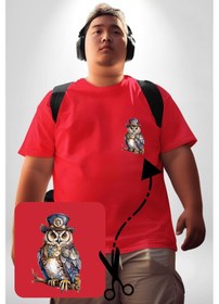 Resim Şapkalı Amerikalı Baykuş Burjuva Baykuş Kırmızı Büyük Beden Kadın Basic Minimal Baskılı Tişört Kırmızı 