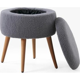Resim Teddy Ahşap Ayaklı Sandıklı Yuvarlak Puf Makyaj Masası Pufu - Dekoratif Ayak Uzatma Pufu Gri 