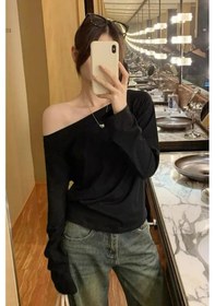 Resim Siyah Kırmızı 2 Li Paket Kadın Düşük Omuz Kayık Yaka Oversize Uzun Kollu T-shirt Kırmızı 