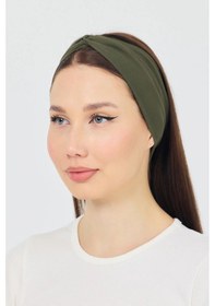 Resim Butik Çapraz Bağlamalı Kadın Bandana Saç Bandı, Kaymaz Yumuşak Esnek%100 Pamuklu Penye - Tek Ebat / Haki Haki 