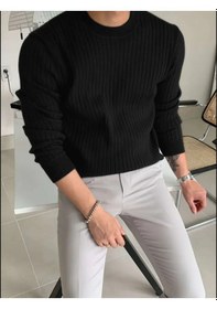 Resim Erkek Bisiklet Yaka Slim Fit Triko Kazak Siyah 
