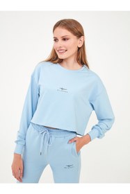 Resim WEWON STYLE Bebek Mavisi Kısa Sweatshirt 