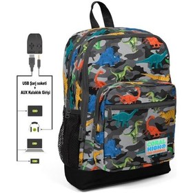 Resim Coral High Kids Dört Gözlü Erkek Çocuk İlkokul Çantası Dinazor Kamuflaj Desenli- USB+AUX Soketli 