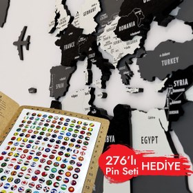 Resim 3D Ahşap Dünya Haritası - Gri, Siyah ve Krem Modern Duvar Dekoru - 250x135 cm / Arapça 