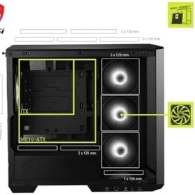 Resim Mabeyn Msı Mag Pano M100R Pz Temperli Cam 3X120MM 1X120MM Argb Fan Matx Panoramik Gaming Bilgisayar Kasası 