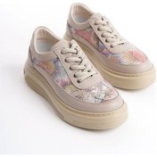 Resim İçi Dışı Deri Yumuşak Ortopedik Günlük Renkli Kadın Sneakers Ayakkabı Same7025 Vizon 