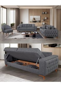 Resim Nola Koltuk Takımı 3 3 1 & Bazalı Yataklı Koltuk & Kanepe - Antrasit Keten Kumaş 3+3+1 