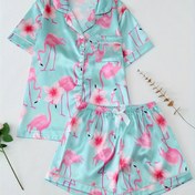 Resim Kadın Pijama Takımı Rahat Kısa Kollu Düğme Üstü ve Rahat Şort ve Pantolon ile 