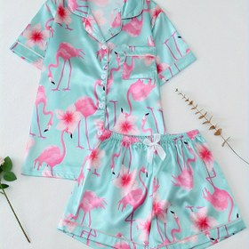 Resim Kadın Pijama Takımı Rahat Kısa Kollu Düğme Üstü ve Rahat Şort ve Pantolon ile 