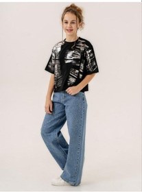 Resim Zekids Kız Çocuk Bol Paça Taşlı Denim Pantolon-13901-mavi Mavi 