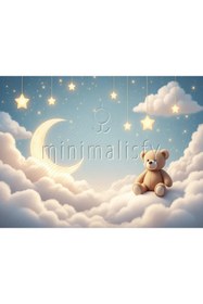 Resim Minimalisfy Ayıcık ve Yıldızlarla Masalsı Gökyüzü Temalı Bebek Odası 200x150cm Fotoğraf Fon Perdesi 