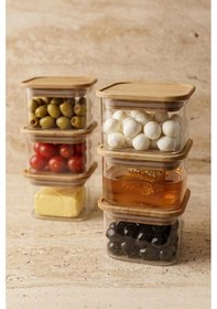 Resim Bambu Kapaklı Borosilikat Cam Saklama Kabı 6'lı 150 Ml - Kahvaltılık Sosluk Ve Düzenleyici Şeffaf 