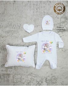 Resim yzc home size dair... K83 Ty Isme Özel Isimli Baskılı Bebek Yastık Tulum Şapka Eldiven Set Hastane Çıkışı 