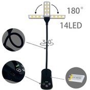 Resim Leezsing Çift Başlı Kitap Lambası, Göz Korumalı Klipsli Okuma Lambası, Şarj Edilebilir Masa Lambası, Dokunmatik Kontrol, 3 Ayarlanabilir Renk Sıcaklığı 