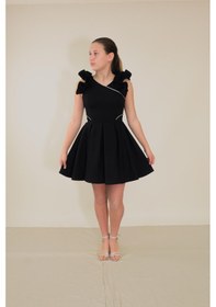 Resim Kız Çocuk Abiye Siyah Krep Kumaş Kolları Farbalı Şerit Taş Detaylı Kısa Abiye Elbise 10-15 Yaş Siyah 