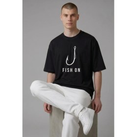 Resim Etifa Tekstil Etifa Oversize Balıkçı Tişörtü Fish On %100 Pamuk Premium Siyah Unisex 