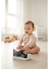 Resim Enoch Çok Renkli Figür Baskılı Ve Taş Detaylı İlk Adım Bebek Ayakkabı Siyah - Lila 