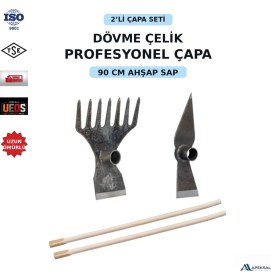 Resim Apeksal Dövme Çelik 2’li Çapa Seti - 90 cm Ahşap Saplı Tırmıklı Ormancı , Büyük Maraş Bahçe & Tarım Çapası 