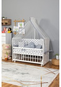 Resim Ahşap Beşik Anne Yanı Beşik Beyaz 60x120 - Gri Balina Uyku Seti Yatak Beyaz 
