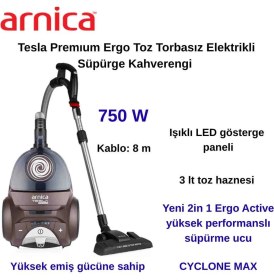 Resim Arnica Tesla Ergo Active ET14340 750 W Toz Torbasız Elektrikli Süpürge Kahverengi + Hassas Mutfak Tartısı Hediye 