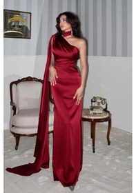 Resim Feminist Bordo Yaka Kuşak Detaylı Tek Omuz Abiye 0801099.04 Bordo 