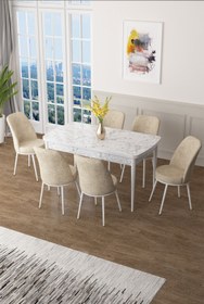 Resim Canisa Zen Serisi 80x132 Mdf Açılabilir Beyaz Mermer Desen Masa Takımı Ve 6 Krem Sandalye 
