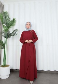 Resim HNT Hayrunnisa Tesettür Toka Detaylı Bağlamalı Ayrobin Elbise Bordo HNT85921 