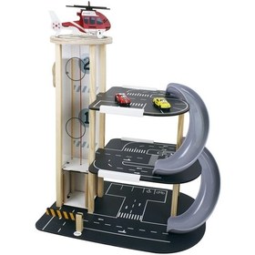 Resim Ahşap Asansörlü Otopark - Üç Katlı Garaj Seti - Hotwheels Garaj Seti - Otopak Seti - Kaydıraklı Gara 