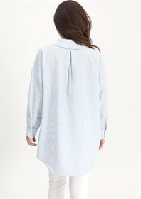 Resim VELİZADE Konfor Modeli Püskül Detaylı Gofre Kumaş Mavi Çizgili Oversize Rahat Kesim Kadın Gömlek Tesettür 
