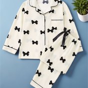 Resim Kızlar için Bahar ve Sonbahar Renkli Uzun Kollu ve Uzun Pantolonlu İki Parçalı Pijama Takımı, Rahat Ev Giysileri, Pantolon Başında Sevimli ve Rahat Basit Düğme ve Fiyonk Tasarımı 