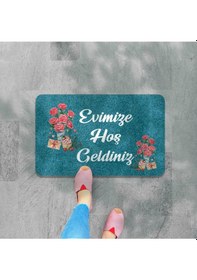 Resim Dijital Baskılı Hoş Geldiniz Yazılı Çiçek Desenli Kapı Önü Paspası İç Ve Dış İçin Yıkanabilir Kaymaz Beyaz 