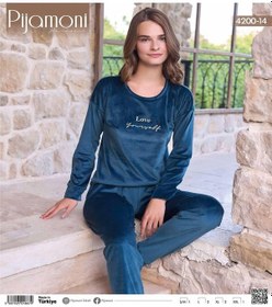Resim Pijamoni Kadın Kışlık Bisiklet Yaka Likralı Soft Kadife Pijama Takımı 4200/14 - 1 Adet 001 