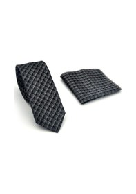 Resim Gaffy Füme Küp Desenli Gri Dokuma Kumaş Mendilli Slim Fit Kravat // Sdk-2605-3 Gri 