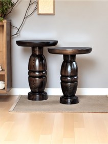 Resim AYLESA Doğal Ahşap 2’li Set Mantar Yan Sehpa Modern Koyu Ceviz Fiskos Zigon Çiçeklik 