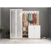 Resim Flora Aynalı Portmanto Vestiyer - Ücretsiz Kurulum - Meşe Beyaz 175 cm 