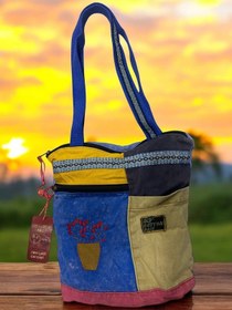 Resim Vintage Renkli Etnik Orta Boy Plaj Günlük Kadın Kol Omuz Çantası 27cm X 33cm Mavi 