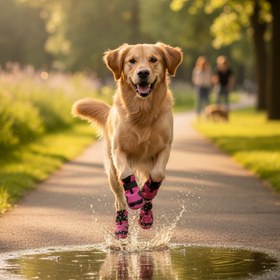 Resim Su Geçirmez Deri Köpek Ayakkabısı - Cırt Cırtlı Ayarlanabilir Kaymaz Taban Bot, Neon Pembe Köpek Ayakkabısı - 6 