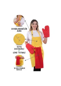 Resim Star Ayar Askılı Havlulu 4lü Mutfak Önlüğü Seti 2 Eldiven Sarı-kırmızı-kırmızı 