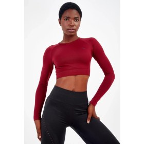 Resim Maraton SlimFit Kadın Bisiklet Yaka Uzun Kol Koyu Kırmızı Crop Top 816008 