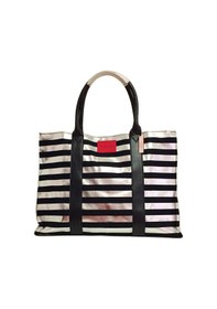Resim Victoria's Secret Vs Siyah & Gümüş Çizgili Desen Kanvas Tote Seyahat Çantası Gümüş - Siyah 