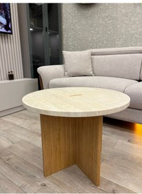 Resim Meşe Ahşap Ayaklı, Yuvarlak Mermer Sehpa, Orta Masa Açık Meşe 